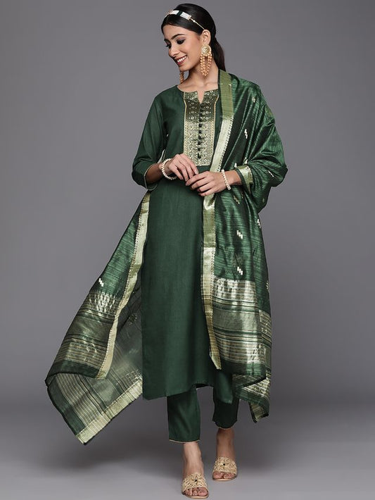 Indo Era Green Solid Straight Kurta Palazzos With Dupatta Set