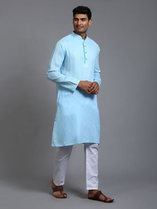 VM Men's Aqua And White Cotton Kurta Pyjama Set