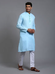 VM Men's Aqua And White Cotton Kurta Pyjama Set