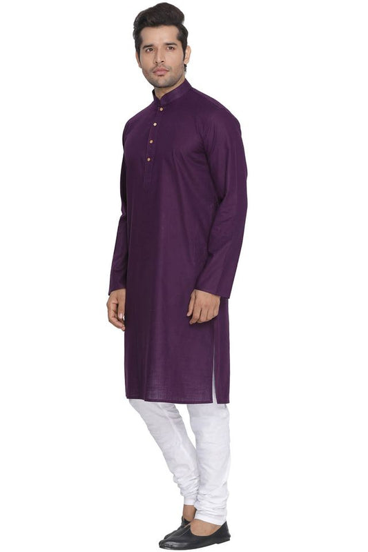 Vastramay Men's Purple Cotton Linen Blend Kurta Pyjama Set