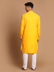 Vastramay Men's Yellow And White Cotton Blend Kurta Pyjama Set