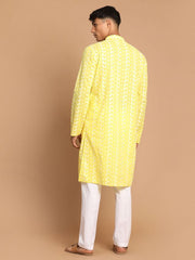 Vastramay Men's Mustard And White Pure Cotton Kurta Pyjama Set