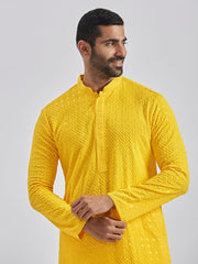 VASTRAMAY Men's Yellow And White Rayon Cotton Kurta Pyjama Set