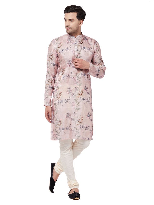 Vastramay Men's Pink And White Cotton Blend Kurta Pyjama Set