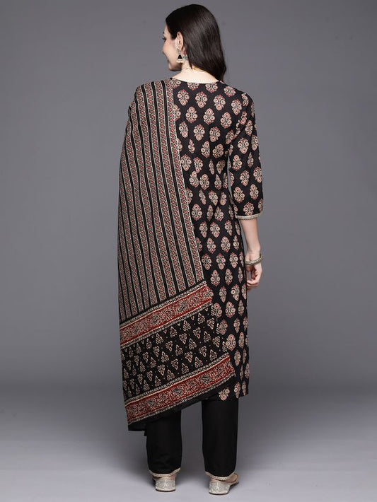 Indo Era Black Embroidered Straight Kurta Trousers With Dupatta Set