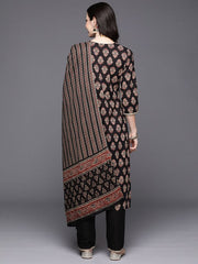 Indo Era Black Embroidered Straight Kurta Trousers With Dupatta Set