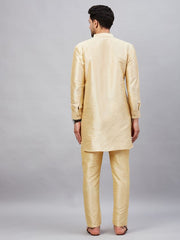 VM Men's Gold And Gold Cotton Blend Kurta Pyjama Set