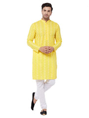 Vastramay Men's Mustard And White Pure Cotton Kurta Pyjama Set