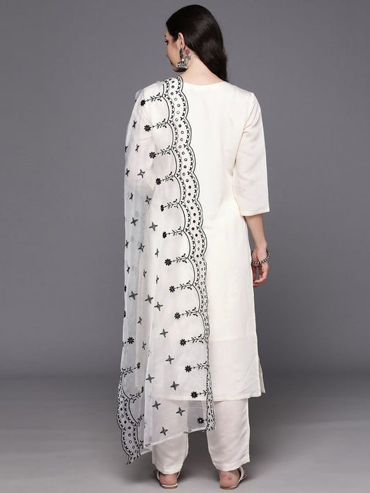 Indo Era White Embroidered Straight Kurta Trousers With Dupatta  Set