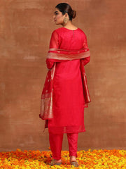 Indo Era Rani Pink Woven Design Straight Kurta Trousers With Dupatta Set