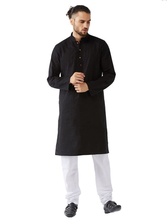 Vastramay Men's Black And White Cotton Linen Kurta Pyjama Set