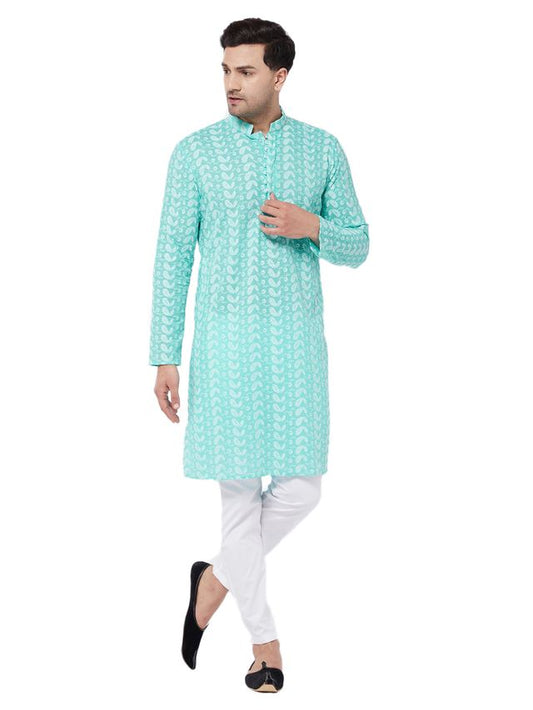 Vastramay Men's Green And White Pure Cotton Kurta Pyjama Set