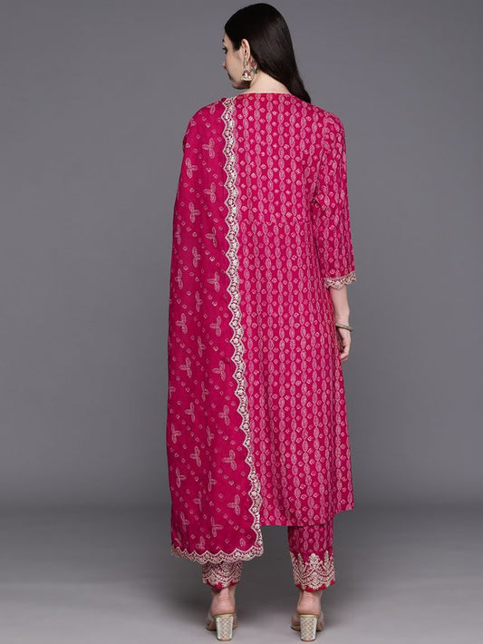 Indo Era Pink Printed A-Line Kurta Trousers With Dupatta Set