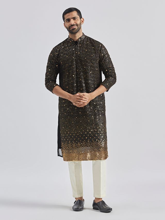 VASTRAMAY Men's Black And Cream Georgette Kurta Pyjama Set