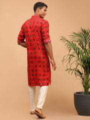 Vastramay Men's Red And Cream Cotton Blend Kurta Pyjama Set