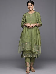 Indo Era Green Embroidered Straight Kurta Trousers With Dupatta Set