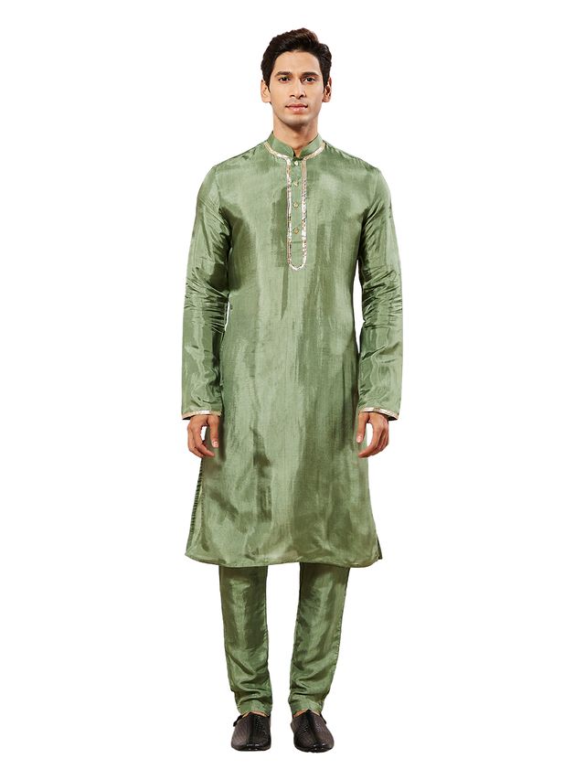 VASTRAMAY Men's Green Tissue Silk Kurta Pyjama Set