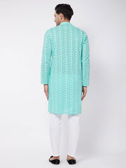 Vastramay Men's Green And White Pure Cotton Kurta Pyjama Set