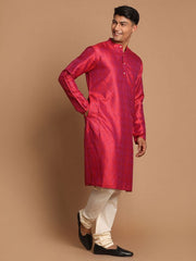 Vastramay Men's Red And Cream Silk Blend Kurta Pyjama Set