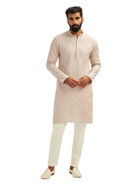 VASTRAMAY Men's Peach Georgette Kurta Pyjama Set