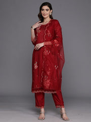 Indo Era Maroon Embroidered Straight Kurta Trousers With Dupatta Set