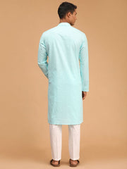 Vastramay Men's Aqua Blue And White Cotton Linen Kurta Pyjama Set