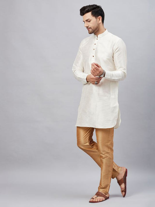 VM Men's Cream And Rose Gold Cotton Blend Kurta Pyjama Set