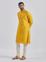 VASTRAMAY Men's Yellow And Cream Silk Blend Kurta Pyjama Set