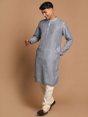 Vastramay Men's Grey And Cream Cotton Blend Kurta Pyjama Set