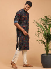 Vastramay Men's Blue And Cream Cotton Blend Kurta Pyjama Set