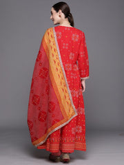 Indo Era Red Printed Anarkali Kurta Trousers With Dupatta Set