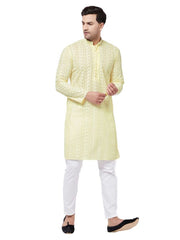 Vastramay Men's Yellow And White Pure Cotton Kurta Pyjama Set