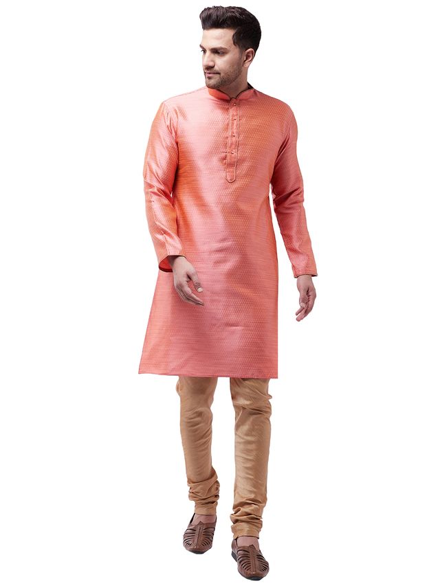 Vastramay Men's Pink Silk Blend Kurta Pyjama Set