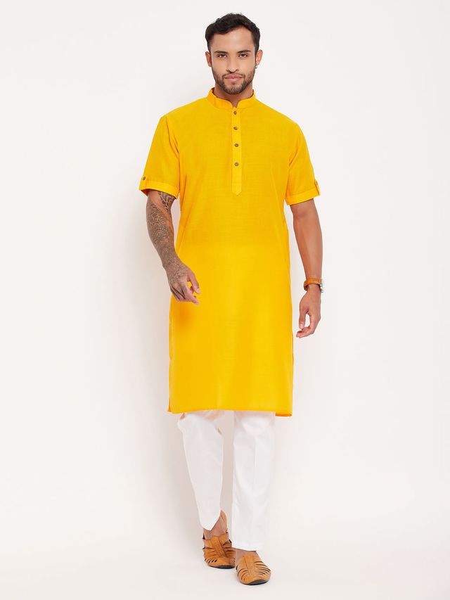 VM Men's Mustard And White Cotton Kurta Pyjama Set