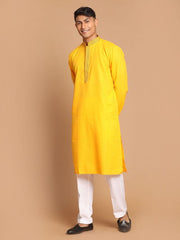 Vastramay Men's Yellow And White Cotton Blend Kurta Pyjama Set