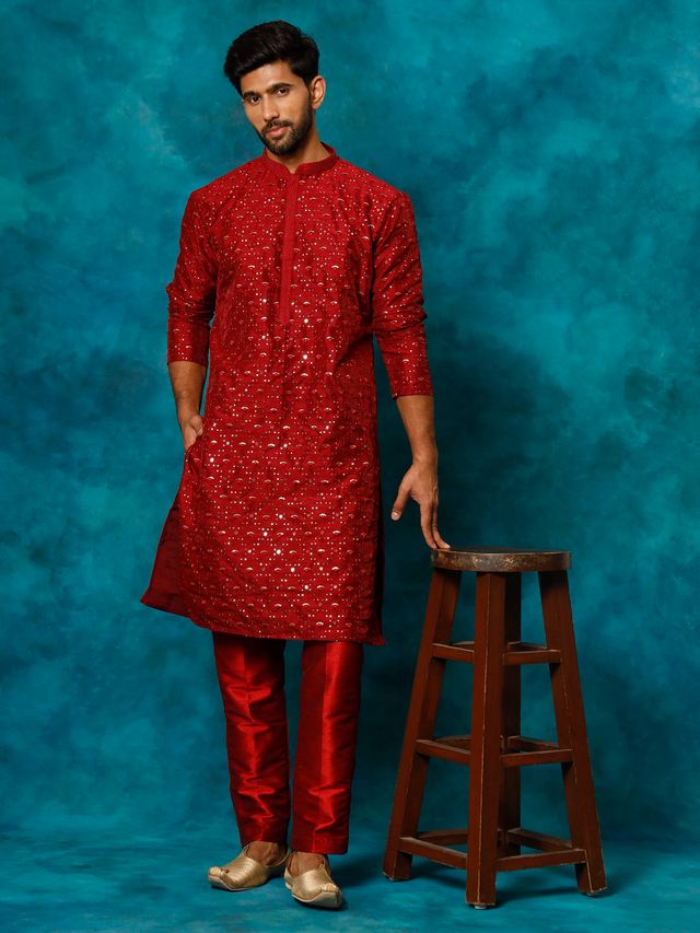 VM Men's Maroon And Rose Gold Silk Blend Kurta Pyjama Set