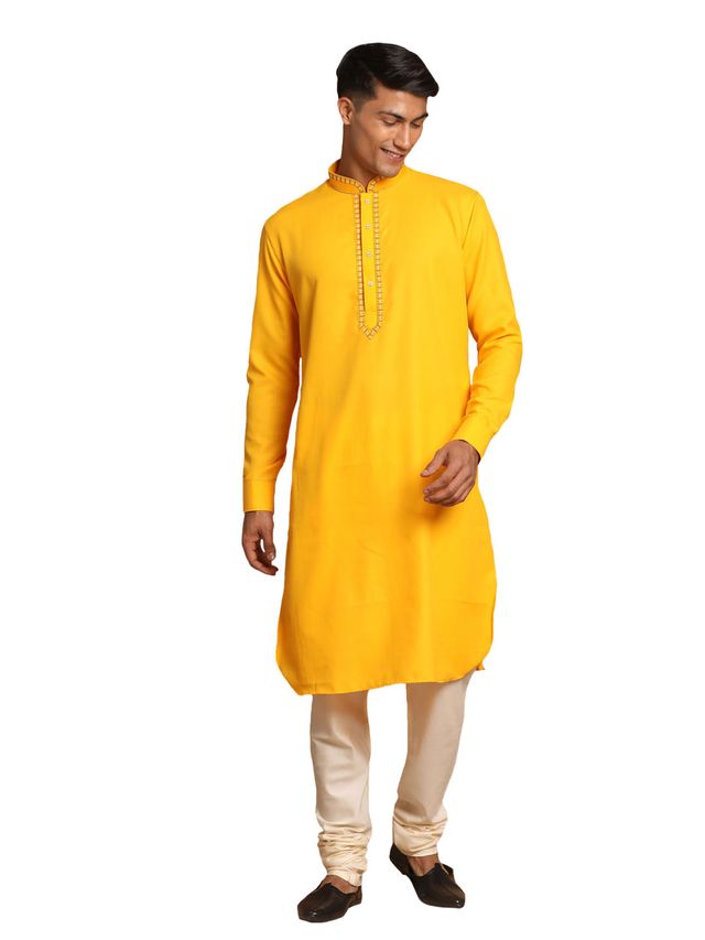 Vastramay Men's Yellow And Cream Cotton Blend Kurta Pyjama Set