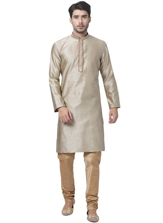 Vastramay Men's Beige Silk Blend Kurta Pyjama Set