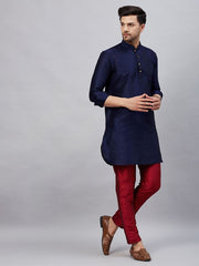 VM Men's Navy Blue And Maroon Cotton Blend Kurta Pyjama Set