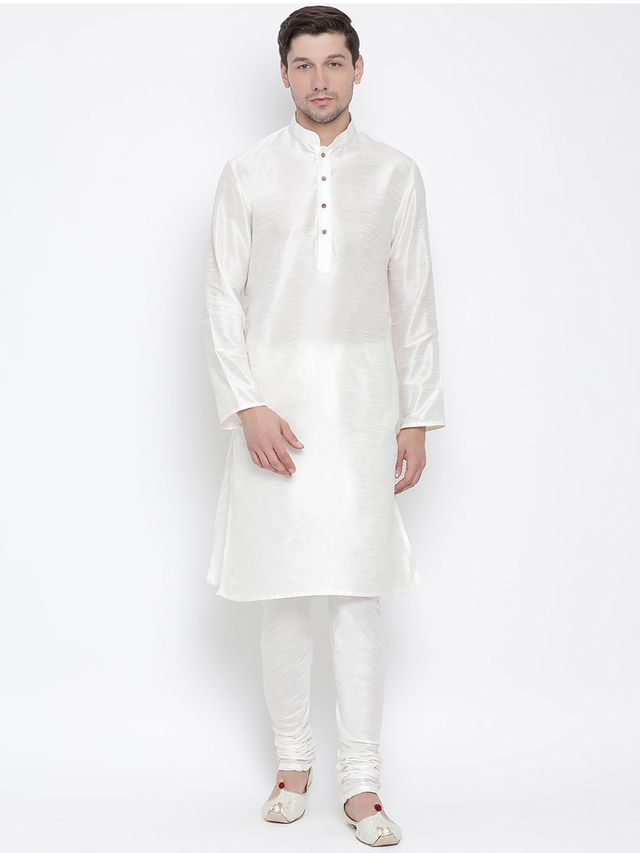 VM by Vastramay Men's White Silk Blend Kurta Pyjama Set