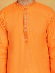 VASTRAMAY Men's Orange And White Cotton Kurta Pyjama Set