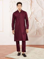 VASTRAMAY Men's Wine Cotton Blend Kurta Pyjama Set