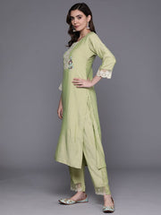 Indo Era Olive Embroidered Straight  Kurta Trousers With Dupatta Set