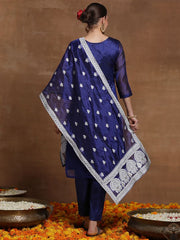 Indo Era Blue Woven Design Straight Kurta Trousers With Dupatta Set