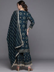 Indo Era Teal Printed Straight Kurta Sharara With Dupatta Set