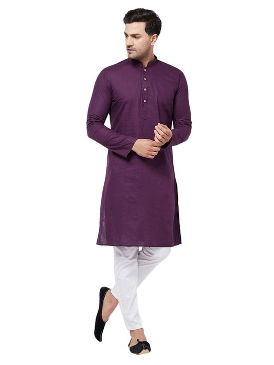 Vastramay Men's Purple And White Cotton Linen Kurta Pyjama Set