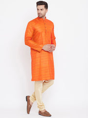 VM by Vastramay Men's Orange And Gold Silk Blend Kurta Pyjama Set