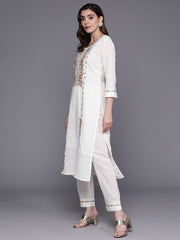 Indo Era White Embroidered Straight  Kurta Trousers With Dupatta Set