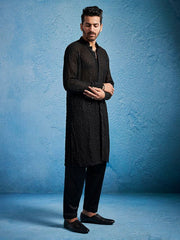 VASTRAMAY Men's Black Georgette Kurta Pyjama Set