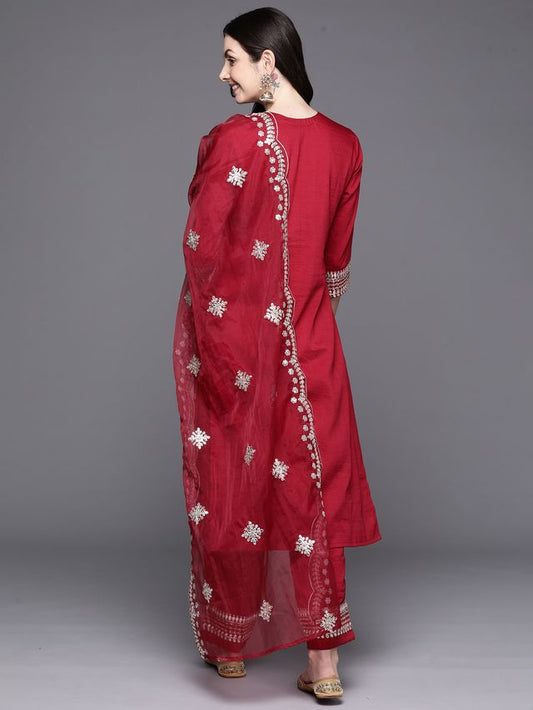 Indo Era Red Embroidered Straight Kurta Trousers With Dupatta Set